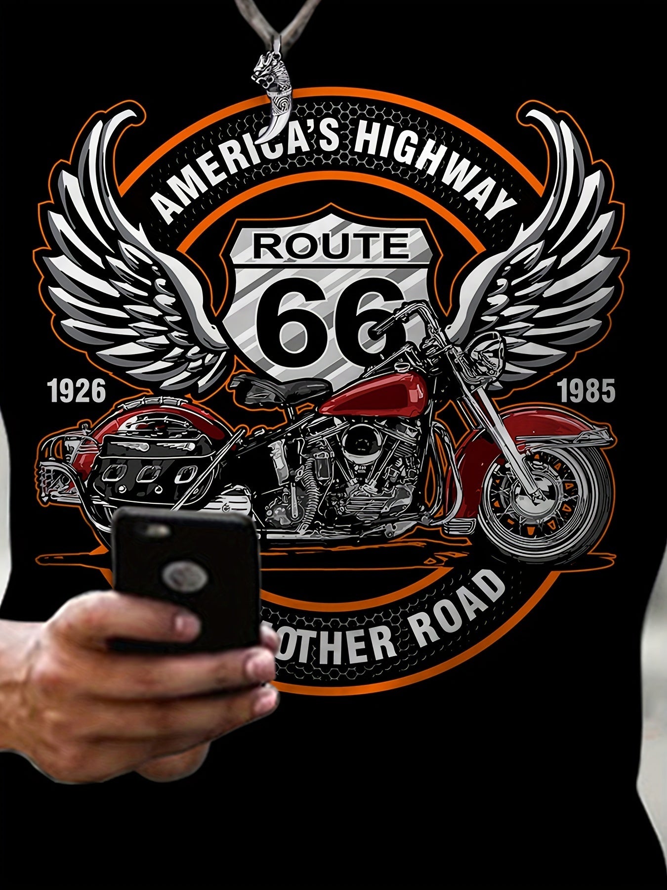 3D Route 66 Motorcycle Printed Men's Fashion Color Block Short Sleeve Round Neck T-shirt, Summer Outdoor