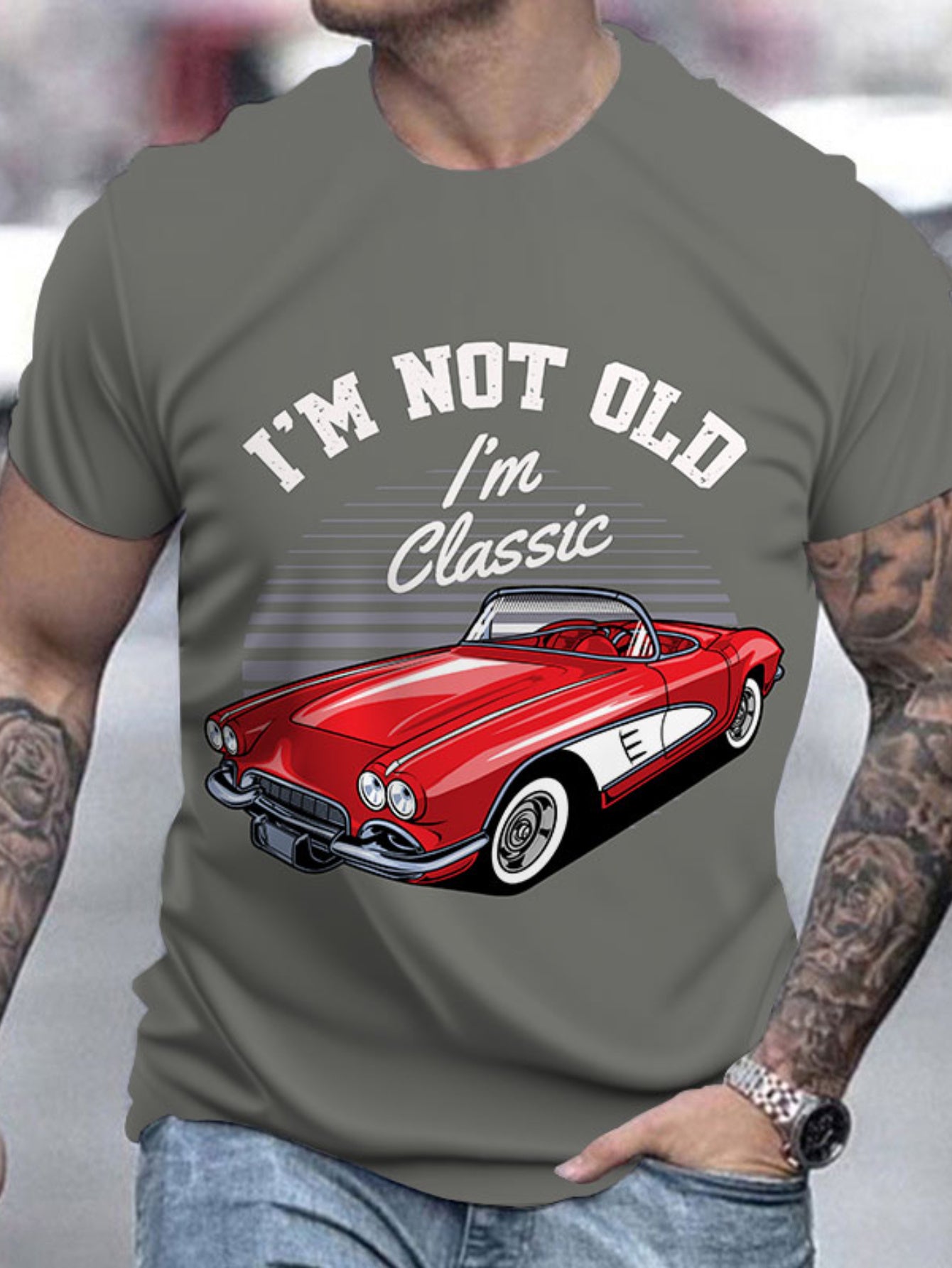 Classic Car Pattern And Letter Print I'm NOT OLD I'm CLASS Round Neck And Short Sleeved T-shirt, Casual And Fashionable Men's Summer Outdoor Clothing Top