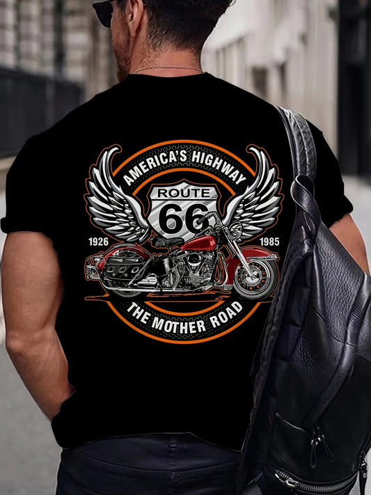 3D Route 66 Motorcycle Printed Men's Fashion Color Block Short Sleeve Round Neck T-shirt, Summer Outdoor