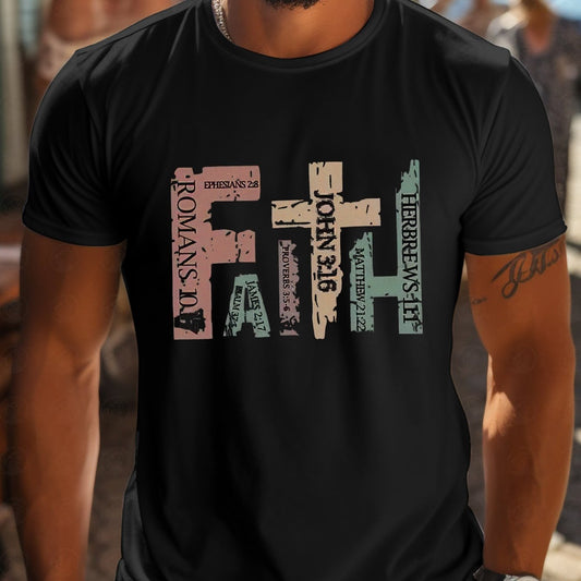 Faith Men's Casual Round Neck T-shirt With Inspirational Bible Scripture Print, Regular Style Short Sleeved Knitted Fabric Top, Suitable For Summer Outings