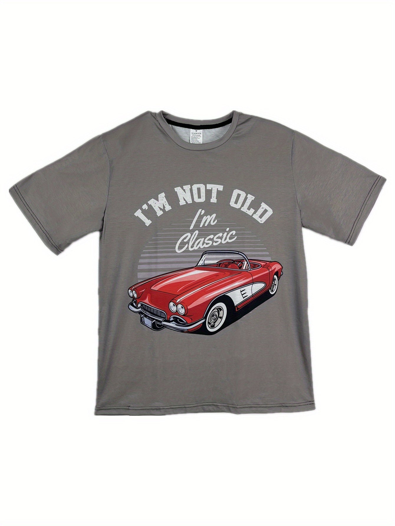 Classic Car Pattern And Letter Print I'm NOT OLD I'm CLASS Round Neck And Short Sleeved T-shirt, Casual And Fashionable Men's Summer Outdoor Clothing Top