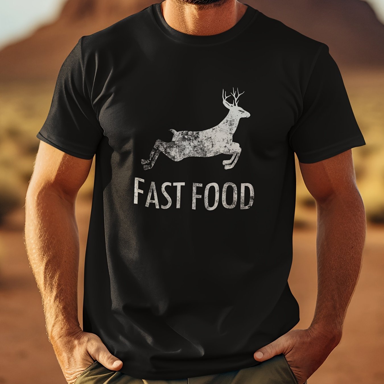 Interesting Joke Hunting Shirt - Men's Front Printed Short Sleeved T-shirt Top - Fast Food Deer - Gift For Hunters