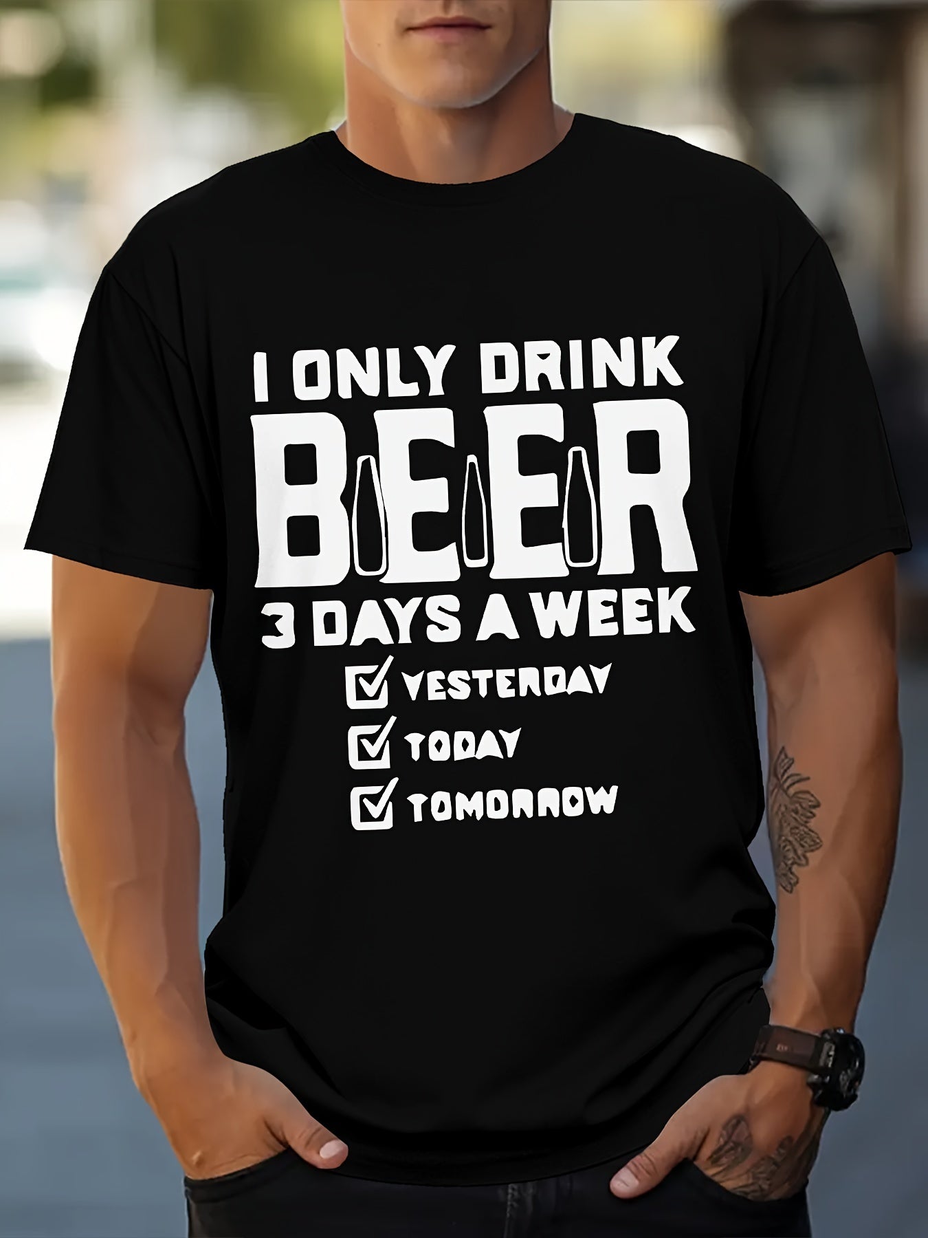 Men's Beer Patterned Printed T-shirt, Short Sleeved Round Neck T-shirt, Men's Summer Outdoor Clothing