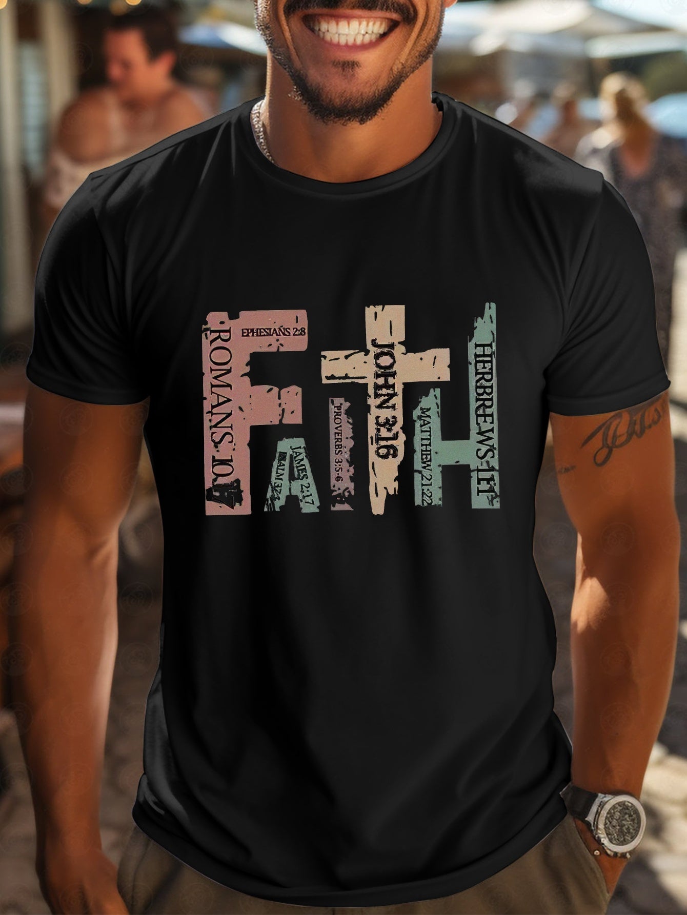 Faith Men's Casual Round Neck T-shirt With Inspirational Bible Scripture Print, Regular Style Short Sleeved Knitted Fabric Top, Suitable For Summer Outings