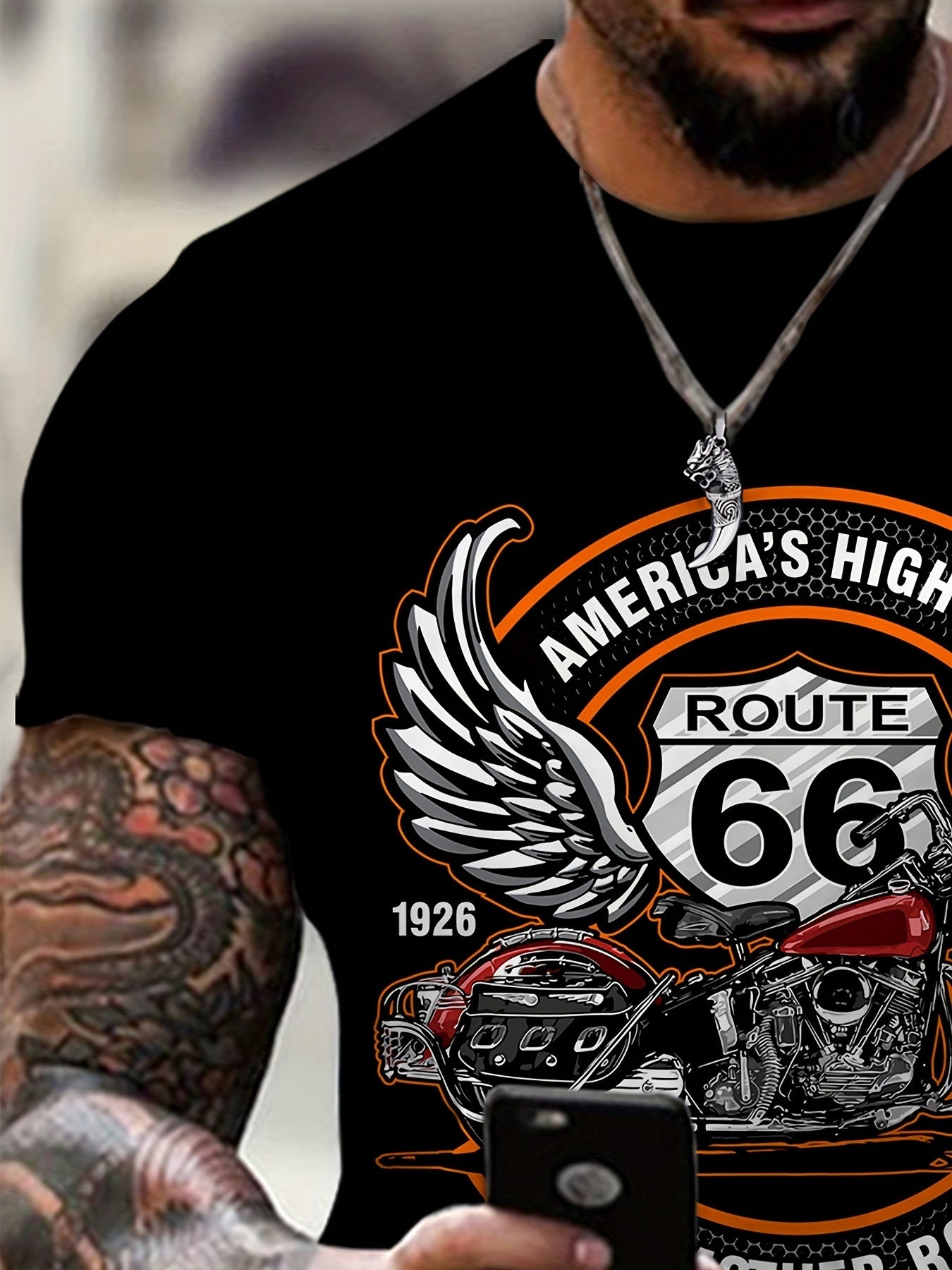 3D Route 66 Motorcycle Printed Men's Fashion Color Block Short Sleeve Round Neck T-shirt, Summer Outdoor