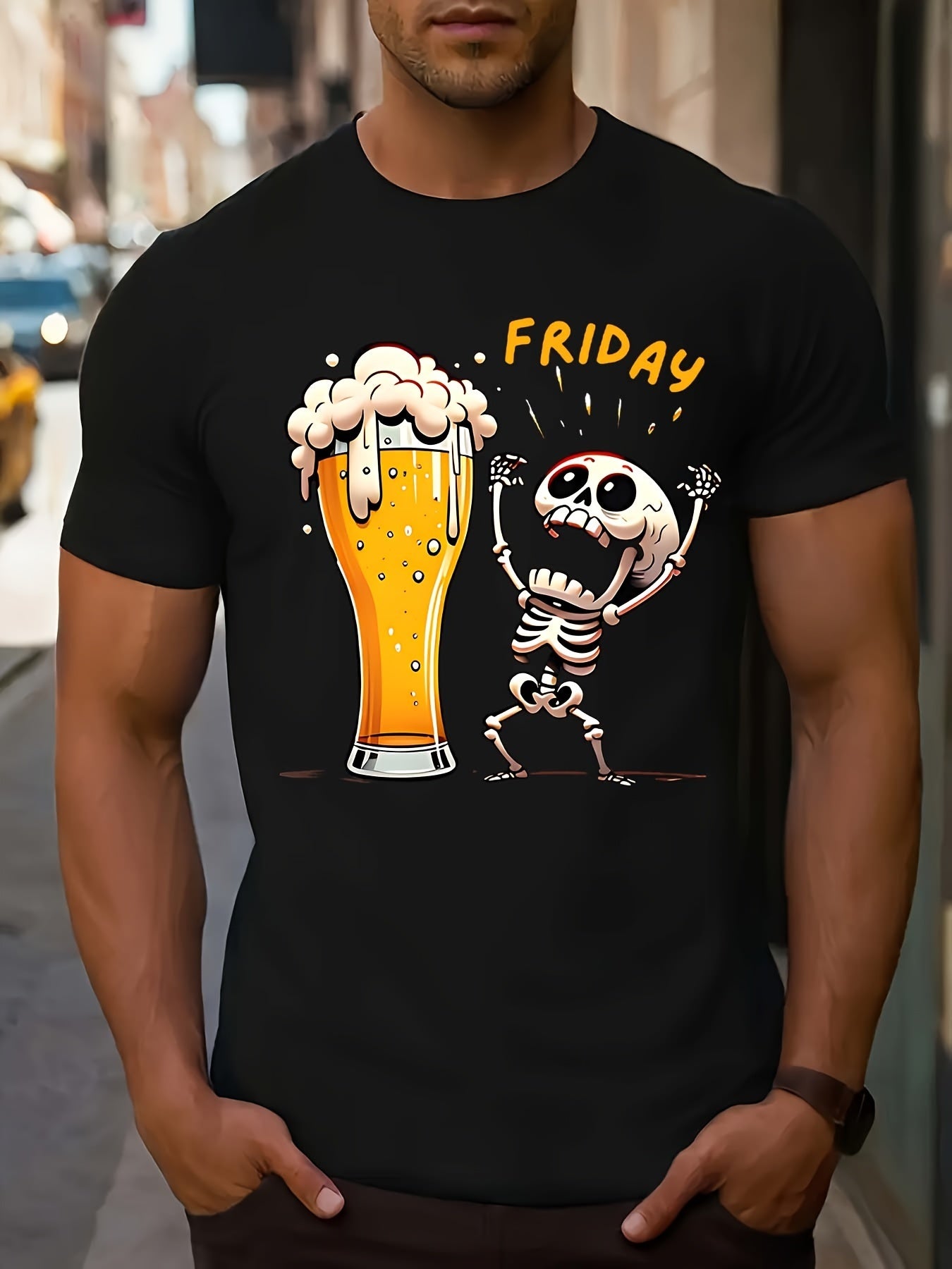 Fridan Skull Print Fashion T-shirt, Round Neck Short Sleeved Top, Patterned T-shirt For Men's Summer Clothing, Men's Matching