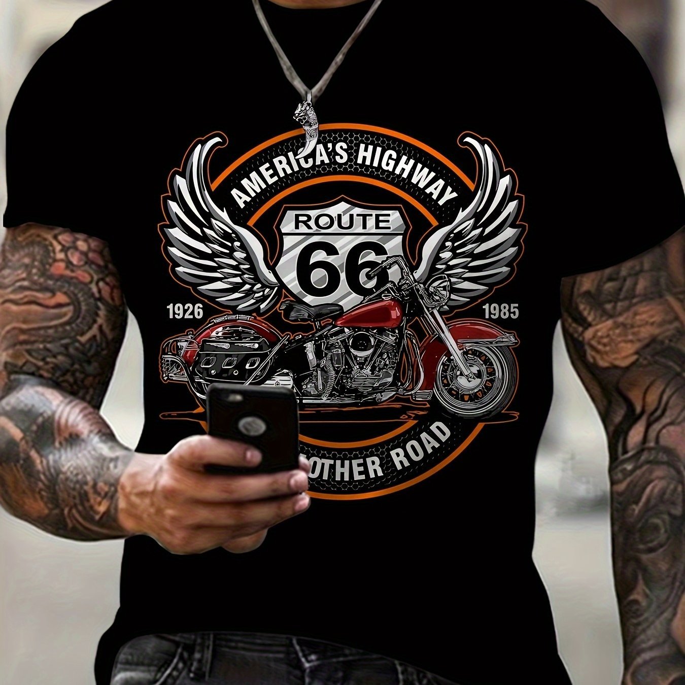 3D Route 66 Motorcycle Printed Men's Fashion Color Block Short Sleeve Round Neck T-shirt, Summer Outdoor