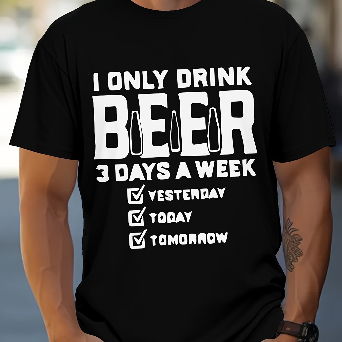 Men's Beer Patterned Printed T-shirt, Short Sleeved Round Neck T-shirt, Men's Summer Outdoor Clothing