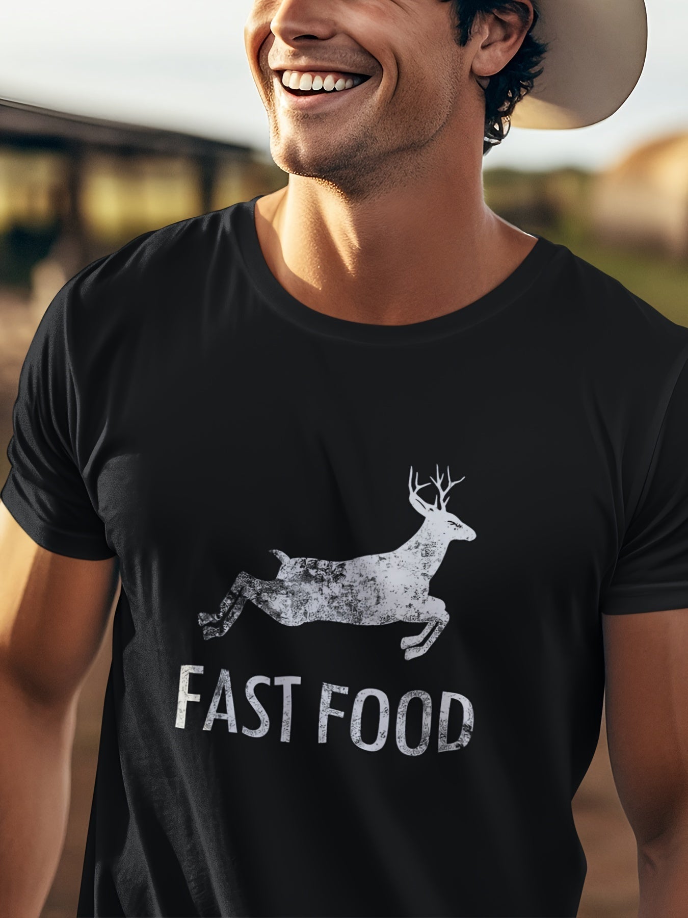 Interesting Joke Hunting Shirt - Men's Front Printed Short Sleeved T-shirt Top - Fast Food Deer - Gift For Hunters