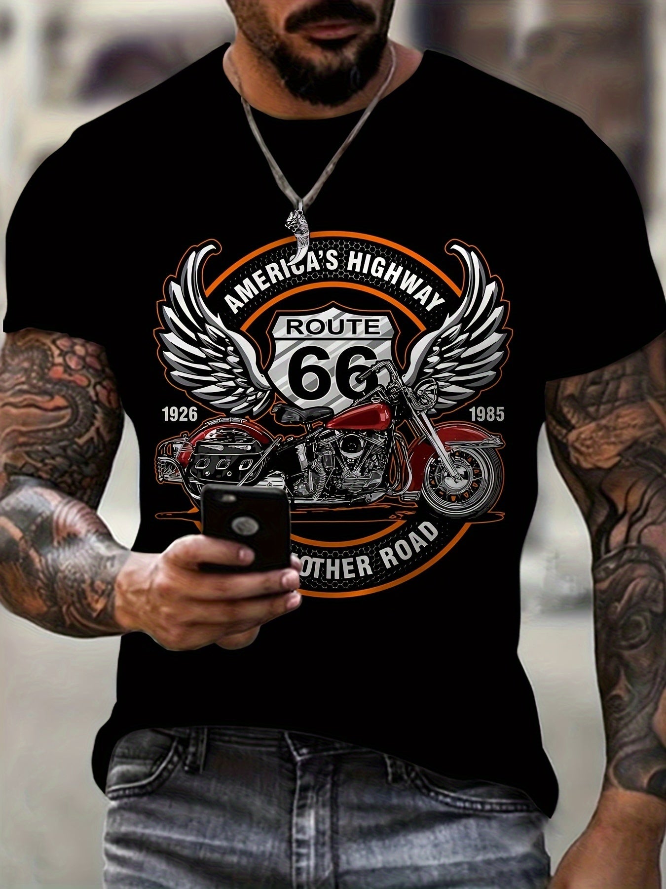 3D Route 66 Motorcycle Printed Men's Fashion Color Block Short Sleeve Round Neck T-shirt, Summer Outdoor