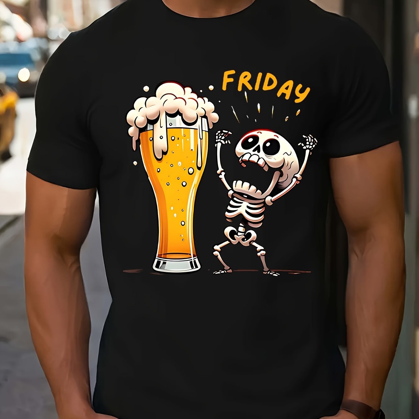 Fridan Skull Print Fashion T-shirt, Round Neck Short Sleeved Top, Patterned T-shirt For Men's Summer Clothing, Men's Matching