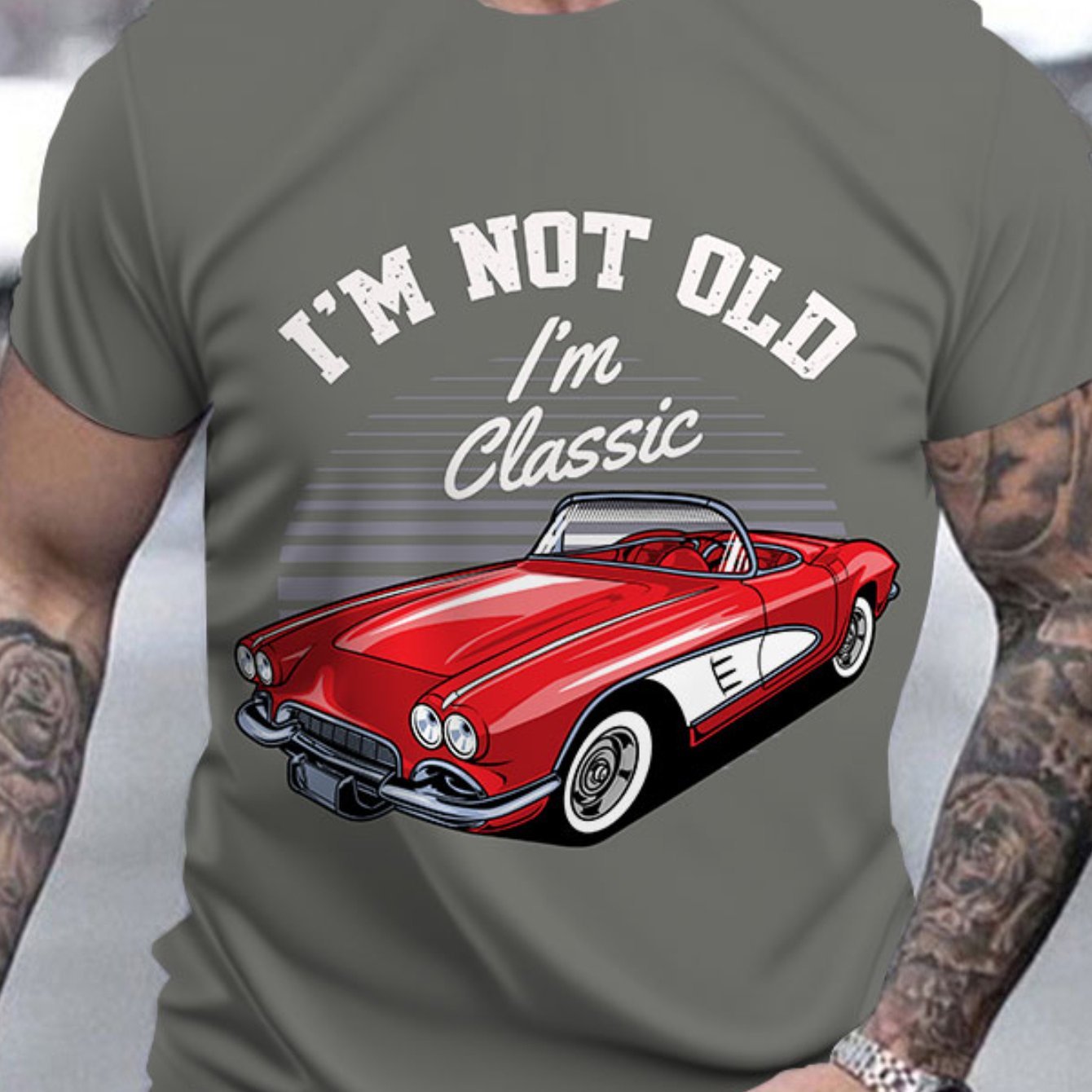 Classic Car Pattern And Letter Print I'm NOT OLD I'm CLASS Round Neck And Short Sleeved T-shirt, Casual And Fashionable Men's Summer Outdoor Clothing Top